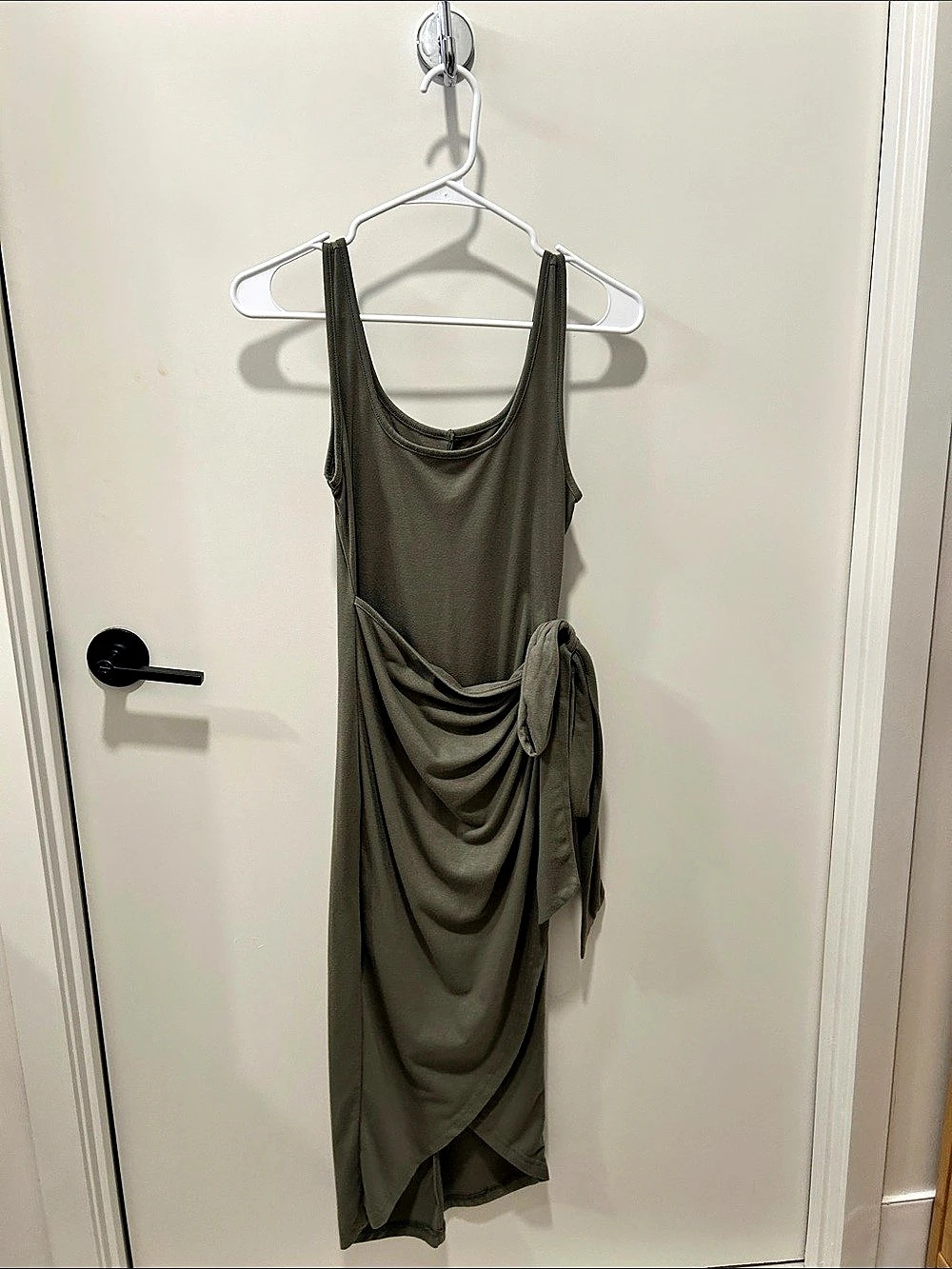 Draped Tie Side Midi Dress in Olive Green Good